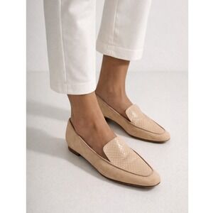 Lafayette 148 Beige Suede Snake Embossed Pointed Loafers Flats Shoes 38.5 8.5